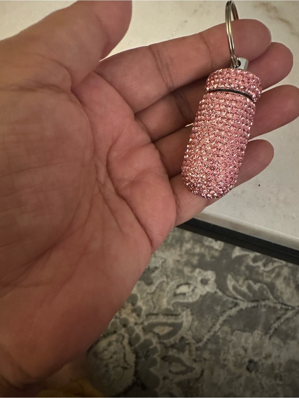 Pink Crystal Pill Lip Balm Holder Keychain - Glitter Accent